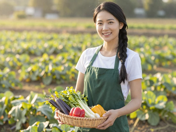 Mei, a Chinese American organic vegetable farmer holding fresh produce in a California field