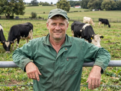 Ben, an Ohio dairy farmer with cows in a green pasture - country singles profile