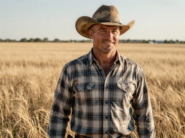 Dustin, a wheat farmer and rancher from Amarillo Texas, standing in a wheat field