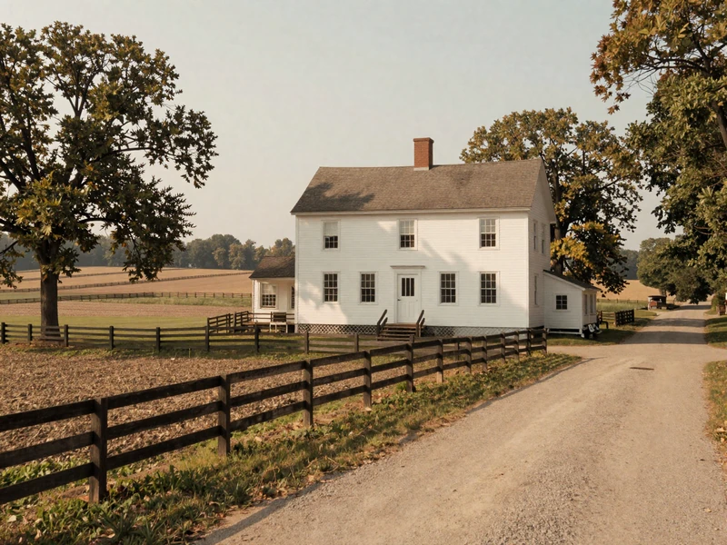 Historic farmstead in New Jersey evoking the Alliance Colony agricultural settlement era with white farmhouse and cultivated fields