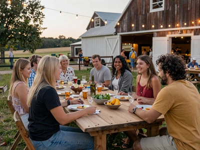 Diverse group of people at a farm community gathering - about Farmstead Singles