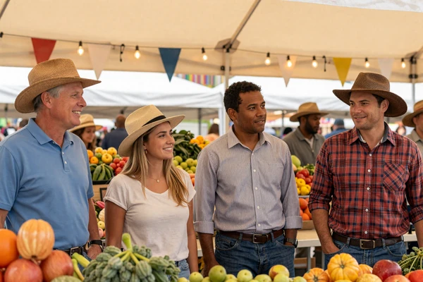 Diverse group of farmers at a county fair - niche farming communities dating