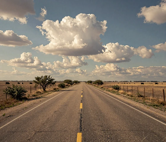 Long Texas highway through ranch country showing vast distances that define rural dating challenges in Texas