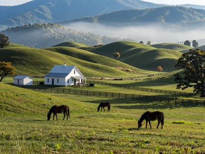 Tennessee rolling hills with a white farmhouse and horses grazing near the Smoky Mountains