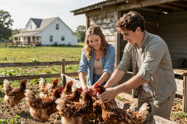 A couple feeding chickens on a family farm - life on farm and relationships