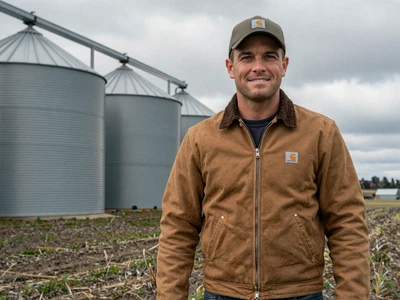 Tom, a hog farmer from Blue Earth County Minnesota, standing near grain bins on the prairie