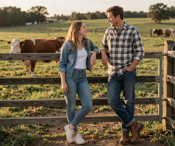 City woman and farmer laughing together at a rustic farm gate - authentic connection between urban and rural singles