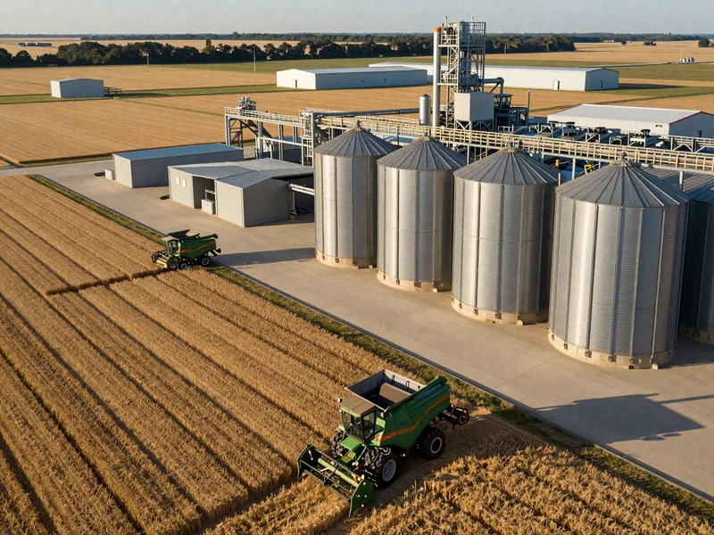 Modern large-scale industrial farming operation with grain silos and combines harvesting wheat in Midwest