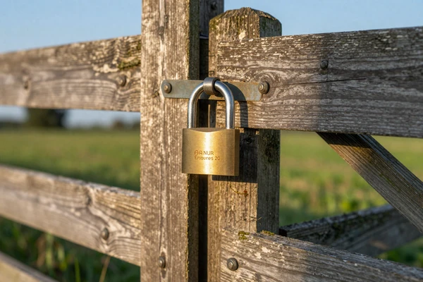 Padlocked farm gate with green pasture beyond - farm dating safety tips