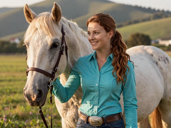 Kara, a barrel racer standing beside her palomino horse in a Tennessee pasture