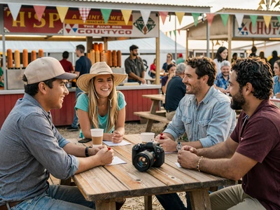 Farmers laughing together at a county fair - farming community connection