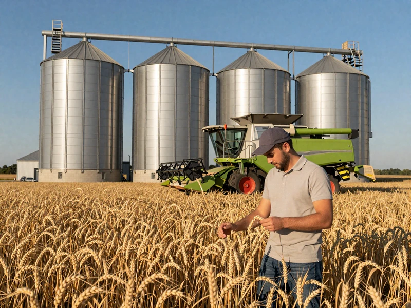 Modern grain silos and combine harvester in a wheat field - industrial farmers dating