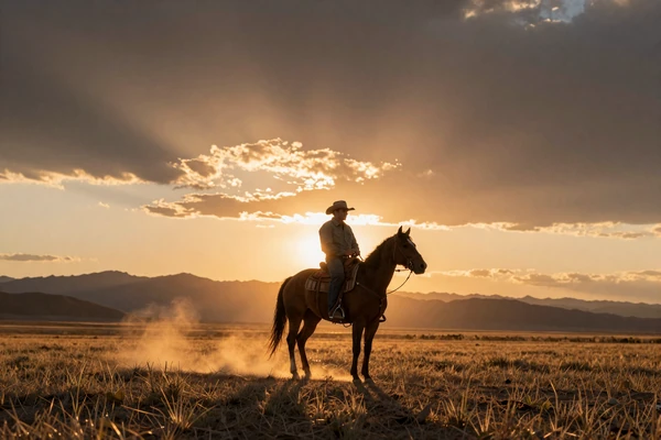 Cowboy on horseback at sunset over Western rangeland - cowboy dating guide