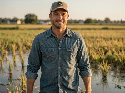 Jake, a rice farmer from Stuttgart Arkansas, standing in rice paddy fields at golden hour