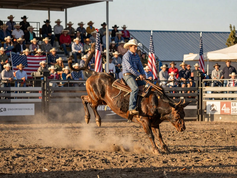 Rodeo event in Miles City Montana with cowboy on bronco and crowd in stands wearing cowboy hats