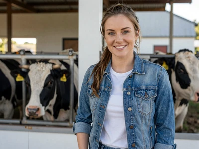 Sarah, a dairy farmer from Wooster Ohio, standing near a white barn with Holstein cows