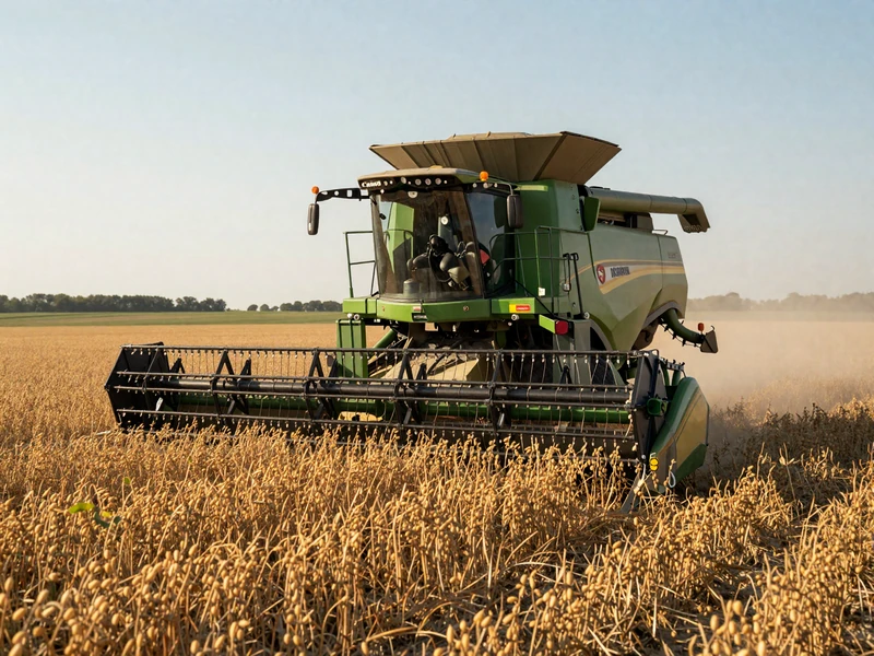 Modern GPS-guided combine harvester working through a massive soybean field in Iowa at golden hour