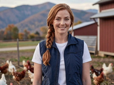 Sarah, a poultry farmer from Moorefield West Virginia, standing near a farm barn in Hardy County