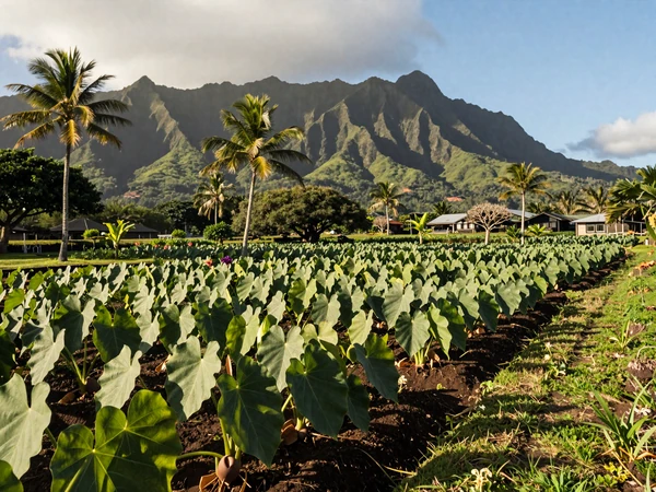 Lush tropical farm in Hawaii with taro patches and palm trees against volcanic mountains