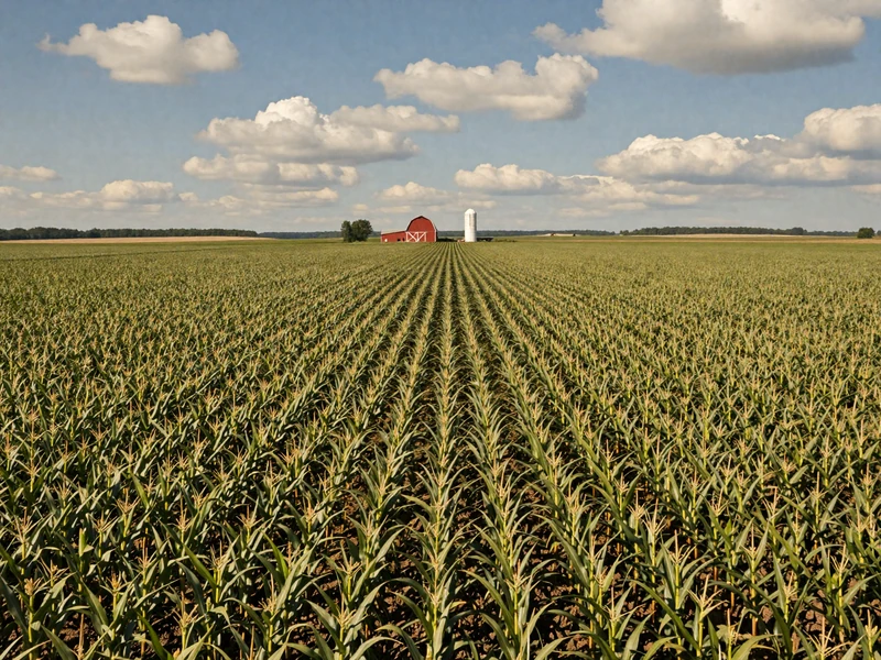 Iowa farmland with rows of green corn stretching to horizon with red barn and white silos