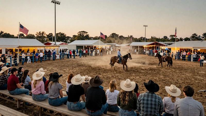 County fair rodeo grounds with cowboys and spectators socializing at golden hour - rodeo as a social space for cowboy dating