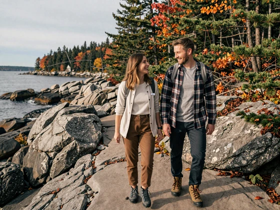 Couple hiking along a Maine coastal trail with pine trees and rocky shoreline enjoying outdoor lifestyle