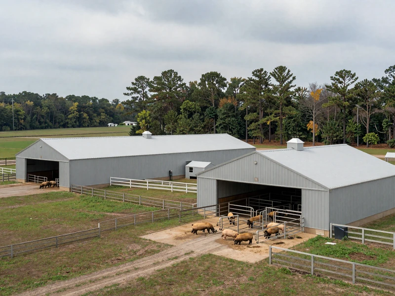Modern hog farming barns on North Carolina Coastal Plain surrounded by green fields and pine trees