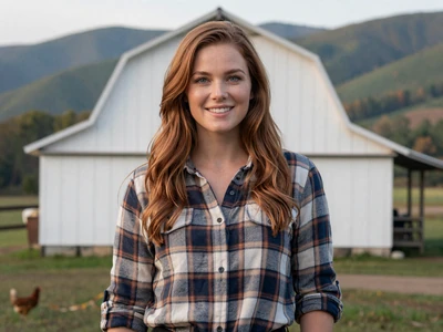 Amber, a poultry farmer from Springdale Arkansas, standing outside a poultry barn in the Ozarks