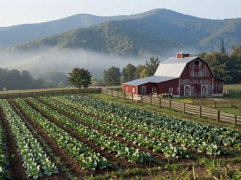 Diversified farm on terraced hillside in East Tennessee with Smoky Mountains in background