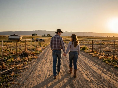Couple walking down a country road at sunset - explore country farmers dating community