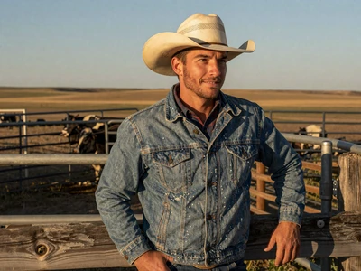 Travis, a Sandhills rancher from Valentine Nebraska, standing by cattle pens at golden hour