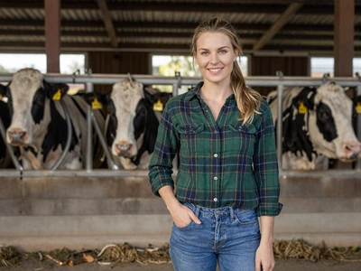 Sarah, a dairy farmer from Winona County Minnesota, standing in a dairy barn doorway