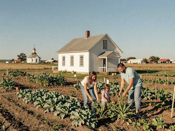 Family farm on the Great Plains with a small town church - Polish and Ukrainian farming heritage in rural America