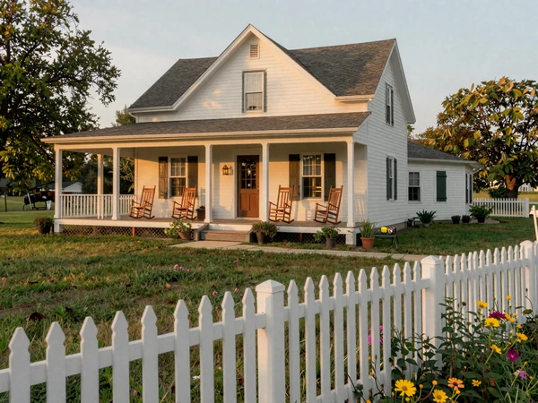 Warm inviting farmhouse with wrap-around porch in a rural American setting with wildflowers