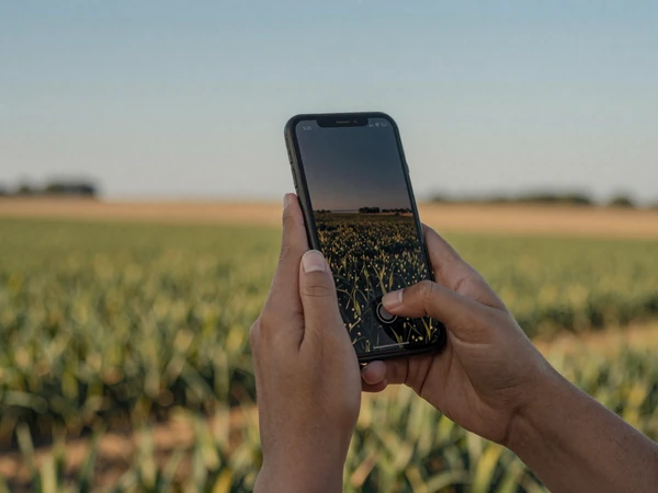 Hands holding a smartphone with a blurred green farm landscape and blue sky in the background