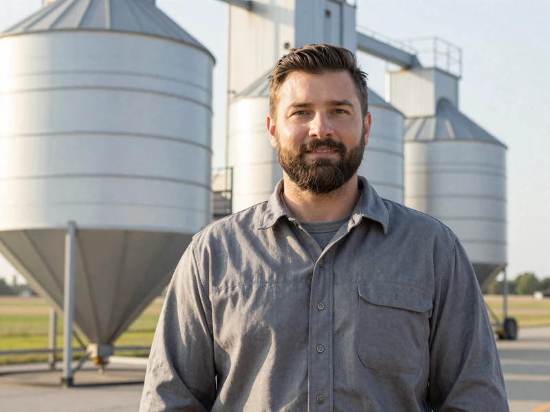 David, a grain elevator operations director standing in front of silver grain bins in Iowa