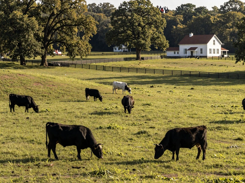 Alabama farmland with cattle grazing and white farmhouse for Alabama farmers dating