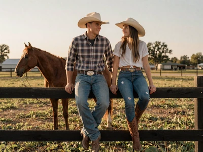 Country couple by a fence at sunset - explore country farmers dating community