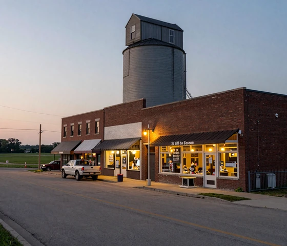 Small town main street in rural downstate Illinois at dusk with grain elevator and pickup truck showing tight-knit farm community