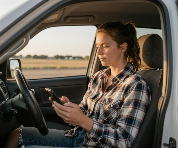 Woman checking her phone in a pickup truck before a rural first date - online dating safety in farm country