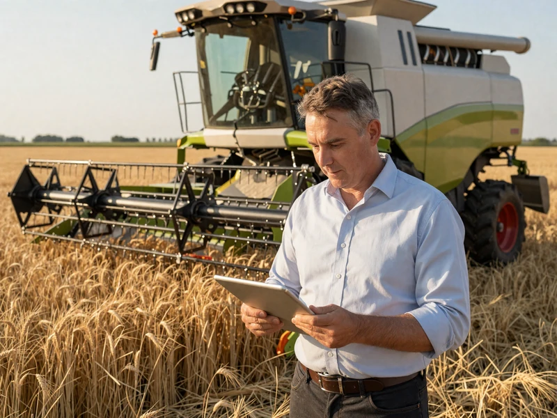 Agricultural executive reviewing operations on tablet beside modern combine harvester in golden wheat field