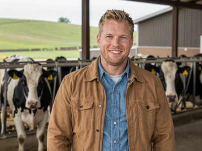 Ben, a dairy farmer from Decorah Iowa, standing near his dairy barn with Holstein cows