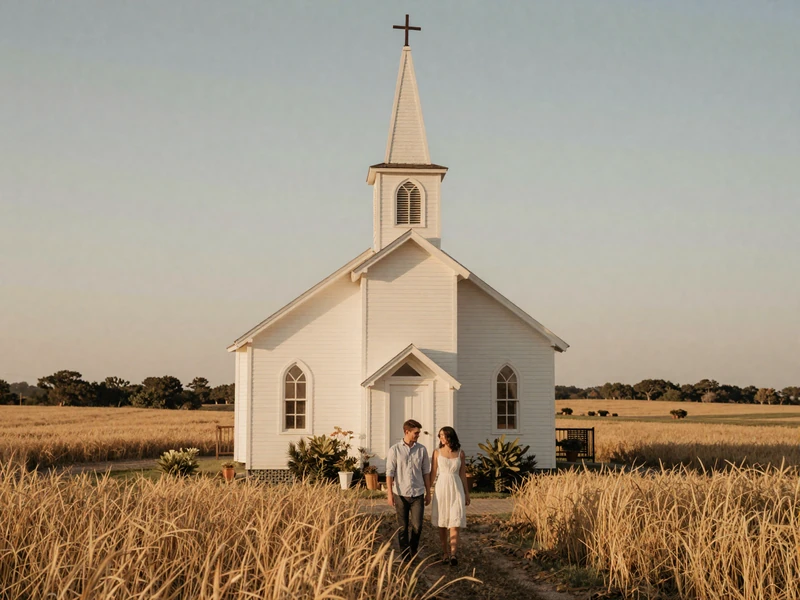Country church surrounded by farmland at sunset - Christian farmers dating community