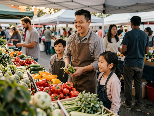Asian American farming family at a California farmers market stand with colorful vegetables