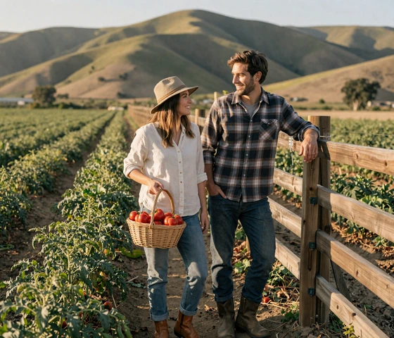 Young couple in a California organic vegetable field holding fresh produce representing farm dating lifestyle compatibility