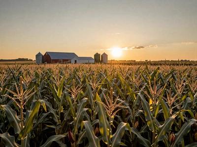 Iowa cornfield at sunset with farmstead and grain bins for Iowa farmers dating