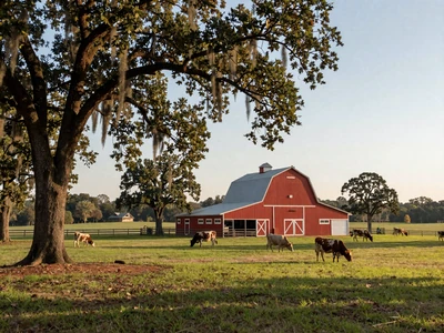 Alabama farmland with cattle and a red barn for Alabama farmers dating