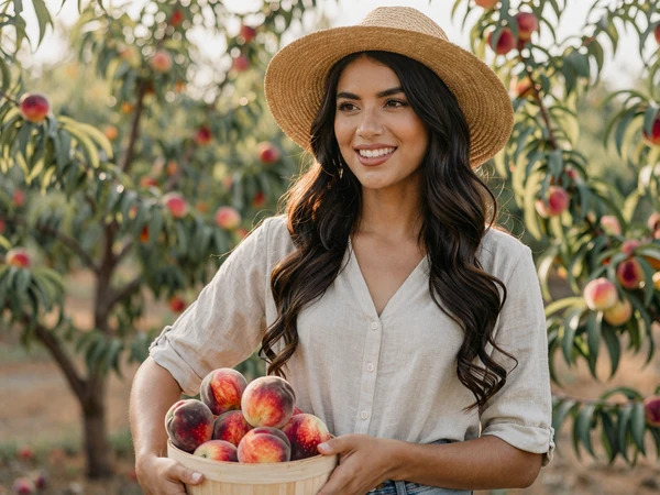 Maria, a peach orchard farmer from Fredericksburg Texas, holding peaches in Hill Country