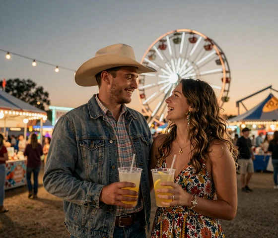 Couple at a Tennessee county fair at dusk with string lights and Ferris wheel representing Southern farm community dating