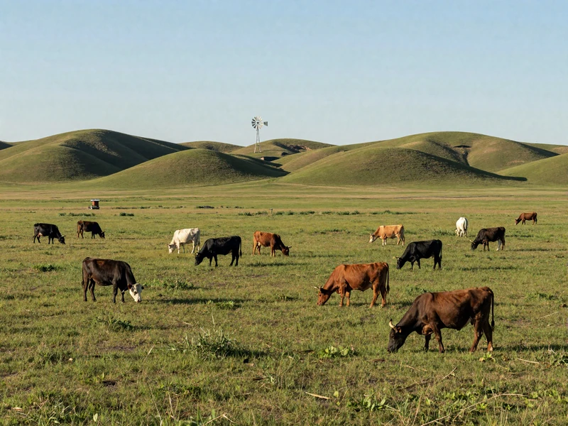 Nebraska Sandhills rangeland with cattle grazing on rolling green hills and windmill in distance